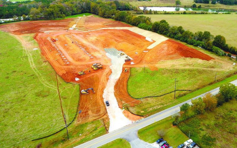 A drone photo shows site work in the beginning phases for Frey-Moss Structures, which is expected to build a 100,000-square-foot facility. MARK ENGEL/Staff