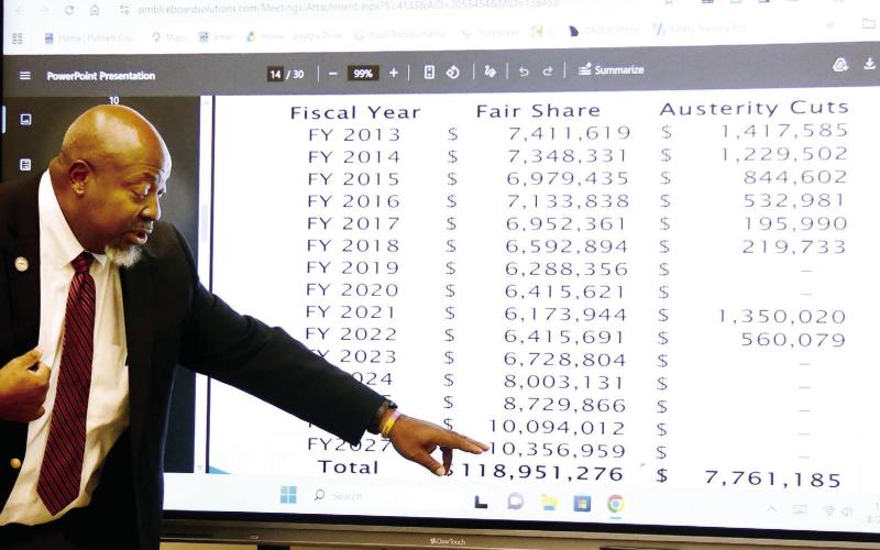 Putnam County Schools Superintendent Derick Austin points to the everrising contribution the local school board has to contribute toward statefunded education costs. IAN TOCHER/Staff