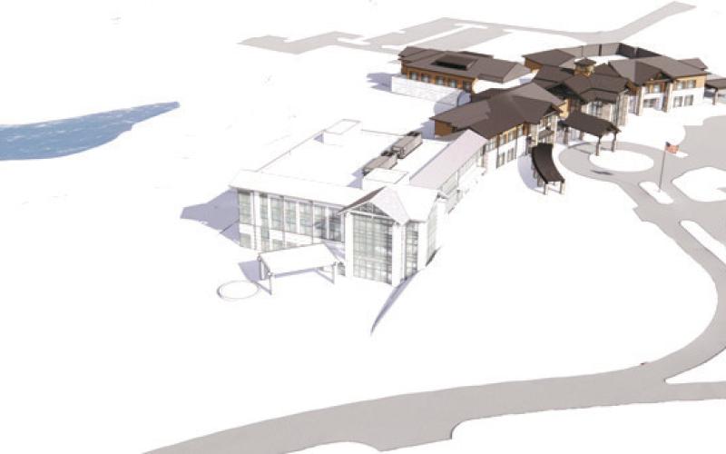 Rendering by May Architects shows the Good Samaritan Pavilion in light grey, with the existing St. Mary’s Good Samaritan Hospital in full color behind it. CONTRIBUTED