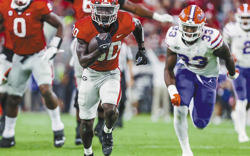 Georgia running back Daijun Edwards (30) during Georgia’s game against Florida in Jacksonville Oct. 28, 2022. TONY WALSH/UGA Athletics