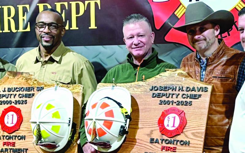 L-R: EFD Chief Jamey Williamson, Deputy Chief Carl Buckner (retired), Deputy Chief Joey Davis (retired), Deputy Chief Cooper Rainey, and Deputy Chief Rodney Vining. CONTRIBUTED