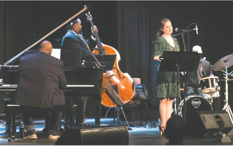 Vocalist Nicole Chillemi joined Jazz Legacy musicians (l-r) Louis Heriveaux on piano, bassist Kevin Smith, drummer and narrator Justin Varnes, and saxophonist John Sandfort (below) in presenting the music of Georgia native Johnny Mercer last week at Festival Hall in Greensboro.