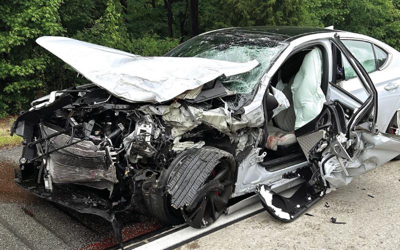 The Genesis that collided with Greene County patrol units was almost completely destroyed after hitting the vehicles at 80 mph according to reports. CONTRIBUTED