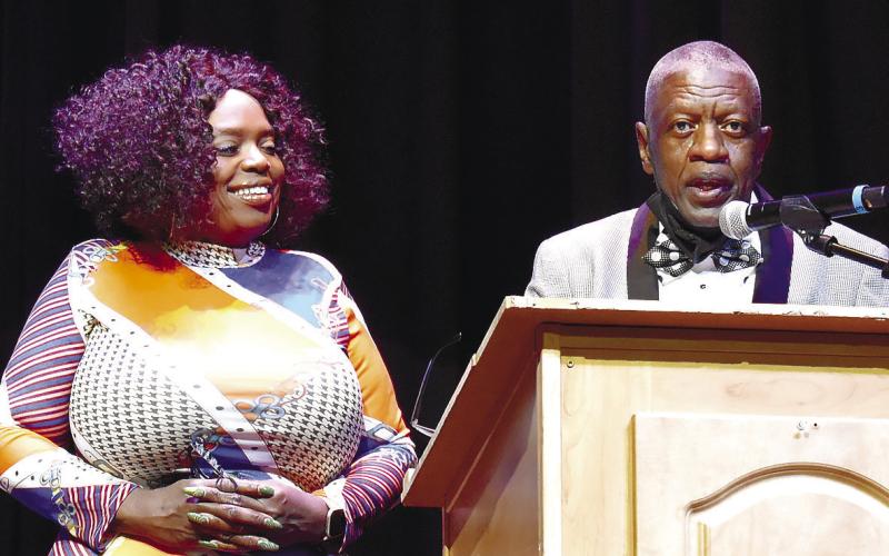 Mistress and Master of Ceremonies Lisa Jackson and Jesse Little shared announcing duties throughout the Black History evening at The Plaza. LENA HENSLEY/ Staff