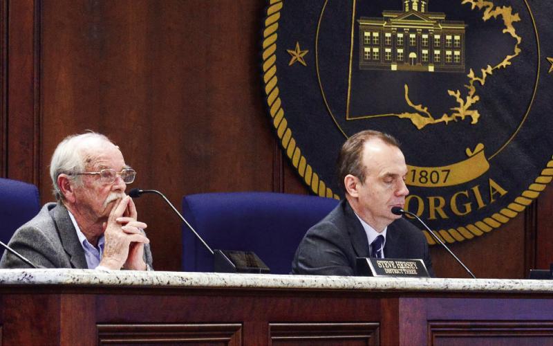 L-R: Putnam County Commissioners Jeff Wooten (Dist. 4), Dr. Steve Hersey (Dist. 3), Richard Garrett (Dist. 2), and Commission Chairman Bill Sharp listened to presentations about Georgia House Bill 581 while District 1 Commissioner Tom McElhenney attended the meeting by phone. IAN TOCHER/Staff