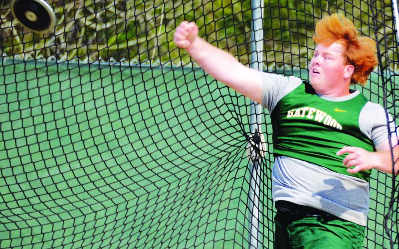 Gatewood’s Blake Daniel placed third in discus (shown), but took the top spot in shot put last Wednesday in Eatonton. IAN TOCHER/Staff