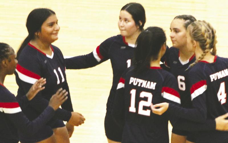 Several Lady Eagles celebrate after winning a point against Lake Oconee Academy. ARELLA CASH/Staff