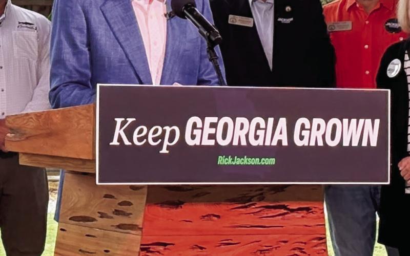 Rick Jackson, Republican nominee for Georgia governor, outlines his plans for agriculture Sept. 24 at Cagle’s Farm in Canton. TY TAGAMI/Capitol Beat