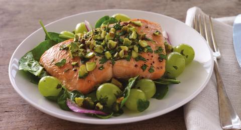 Roasted Salmon and Grapes with Pistachios Over Fresh Greens