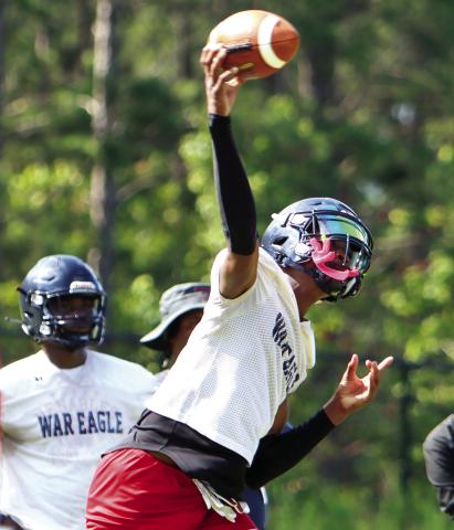 Putnam County quarterback Jamarion Robertson drops back to pass during a camp in July. Putnam head coach Joel Harvin said Robertson took most of the first-team snaps in last week’s scrimmage. LANCE McCURLEY/Staff