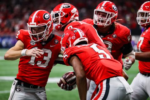 Georgia tight end Darnell Washington (0), Georgia quarterback Stetson Bennett (13), Georgia wide receiver Adonai Mitchell (5) during the 2022 SEC Championship Game at Mercedes-Benz Stadium in Atlanta, Ga., on Saturday, Dec. 3, 2022. (Photo by Kayla Renie)