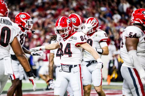 Georgia wide receiver Ladd McConkey (84) during the 2022 College Football Playoff National Championship against Alabama at Lucas Oil Field in Indianapolis, Ind., on Monday, Jan. 10, 2022. (Photo by Tony Walsh)