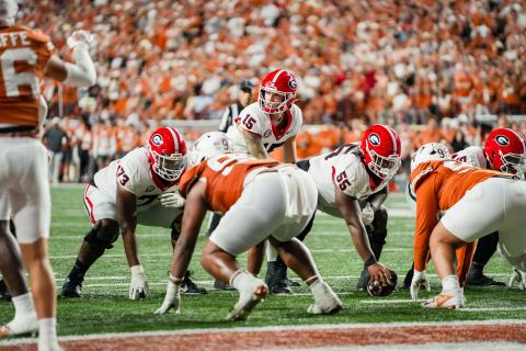 Georgia quarterback Carson Beck (15) during Georgia’s game against Texas at Darrell K Royal-Texas Memorial Stadium in Austin, Texas, on Saturday, Oct. 19, 2024. (Tony Walsh/UGAAA)