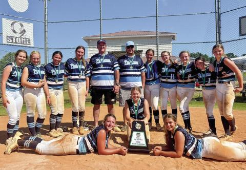 The 2025 GRPA 14U Girls Fastpitch Softball Class C State Champions include (back, l-r) Abigail Roberts, Maddie Tintle, Gracynn Rios, Colbie Stolley, Coaches Bryan Arthur and Chris Huskins, Mea Thrift, Gracie Lowery, Abby Mashburn, Layla Moore, and Kaylee Collis; and (front, l-r) Lily Arthur, Sylvie Huskins, and Alexis Thrift. CONTRIBUTED
