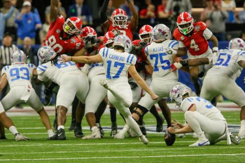 Ole Miss kicker Lucas Carneiro connected on a 47-yard field goal to help seal the game for the Rebels. LANCE MCCURLEY/Staff