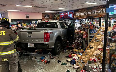 The Jet 44 convenience store in Eatonton appears to be in disarray after a pickup truck crashed through the front doors. CONTRIBUTED