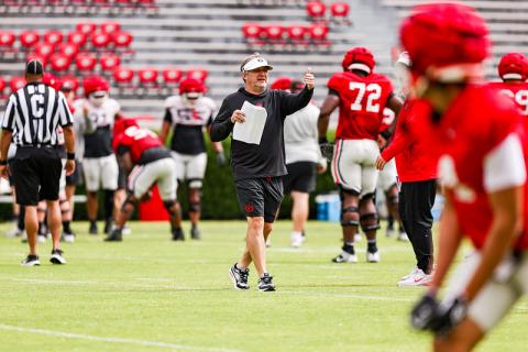 Georgia head coach Kirby Smart directs practice at Sanford Stadium before the team’s first spring scrimmage on April 4. TONY WALSH/UGA Athletics