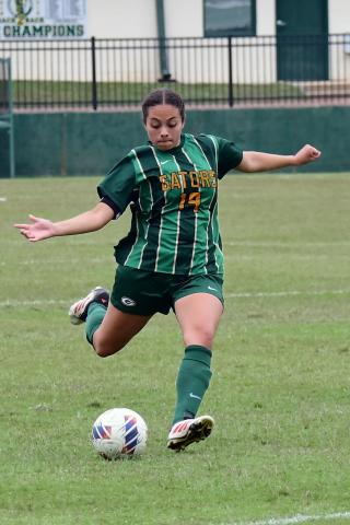 Gatewood senior Kimberly Mendez set the tone early for the Gators on Friday night, scoring a natural hat trick in the first half against First Preparatory Academy. IAN TOCHER/Staff