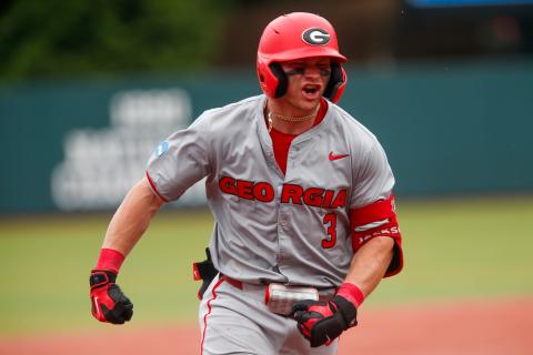 Georgia catcher Daniel Jackson rounds third base after blasting the go-ahead two-run home run in the top of the 10th inning against Mississippi State in Game 2 of the Athens Super Regional. (LANCE MCCURLEY/Staff)
