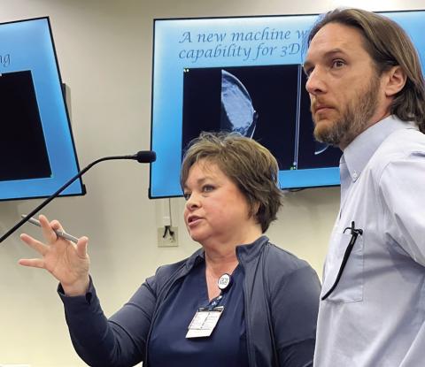 Putnam General Hospital Chief Nursing Officer Pam Douglas with Chief of Staff Dr. Dan Bennett addressed Putnam County commissioners last week. IAN TOCHER/Staff