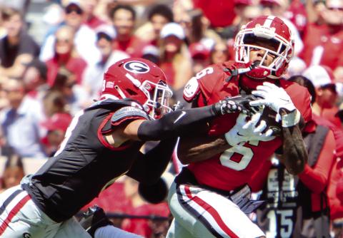 Georgia wide receiver Dominic Lovett (6) makes an over-the-shoulder catch over a defender. (LANCE MCCURLEY/Staff)