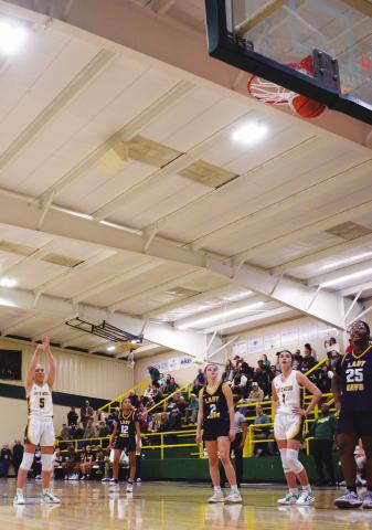 Freshman Bela Smith scored the game-winning basket with this free throw that put the Lady Gators up 33-32 over the visiting Lady Cavs from Mount de Sales. Gatewood won the game 36-32. IAN TOCHER/Staff