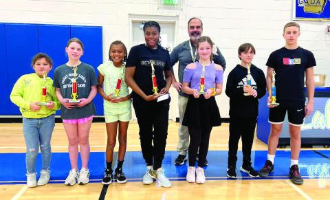 Shown (l-r) are Zaydi Lazaro who placed second in 8 &amp; 9 girls; Julianna Zweig, first for 8 &amp; 9 girls; Journey Mincey, winner for 10 &amp; 11 girls; Jermane Mincey, winner for 12 &amp; 13 girls; Vail McMillan, runner-up in 12 &amp; 13 girls; Harrison Scouten, second for 12 &amp; 13 boys; and Carson Williams, first for 12 &amp; 13 boys; with Lake Oconee Elks Lodge Hoop Shoot Chairman Jamie Grill in the back. No contestants entered for 8 &amp; 9-year-old boys. CONTRIBUTED