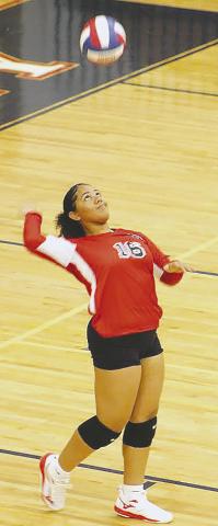 Trina Tracey gets set to serve for the Lady War Eagles against Butler. ARELLA CASH/Staff