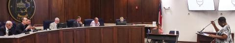 Eatonton City Councilmember Janie Reid (right) addressed the Putnam County Commission last Friday, praising the efforts of Beyond the Bell Executive Director Sandra Dean to establish educational programs for kids at Jimmy Davis Park. IAN TOCHER/Staff