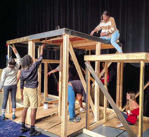 Putnam County High School students work on set pieces in the school’s Black Box Theatre. Several students will be exposed to potential vocational careers in the arts and entertainment industries through a joint program with Atlanta’s famous Fox Theatre this school year. CONTRIBUTED