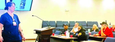Whitney Barfield of St. Mary’s-Athens (left) addressed a group of Putnam County and Eatonton-based first responders last Wednesday on how to treat stroke victims upon arrival at an emergency call. CONTRIBUTED