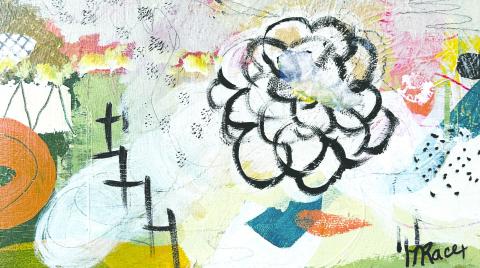 An exhibited piece named Haramara IV by Nancy Race. Race’s artwork uses a pairing of organic and geometric shapes with colorful backgrounds. CONTRIBUTED