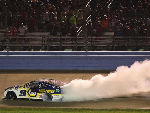 Chase Elliott leaves his mark on ‘Music City’ with a sweet burnout at Nashville Superspeedway after scoring the win in Sunday’s lightning-delayed Ally 400. (Getty Images)