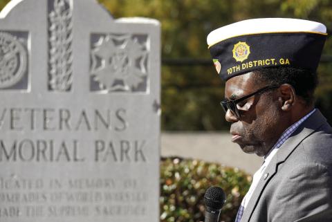 Reverend Sidney Jackson, a veteran himself, gave the invocation before the annual Veterans Day ceremony on Tuesday at the Putnam County Veterans Roll of Honor Park in Eatonton. IAN TOCHER/Staff