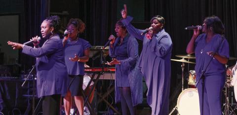 The Sisters of Faith, out of Griffin, opened the second half of Saturday night’s Mothers Against Crime Gospel and Praise Concert at Putnam County Middle School’s Little Theater in Eatonton. IAN TOCHER/Staff