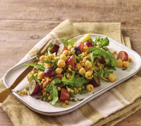 Warm-Spiced Chickpeas and Couscous with Grapes and Arugula