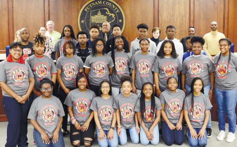 Members and coaches of the championship-winning boys’ and girls’ basketball teams from Putnam County Middle School were recognized during Monday night’s Eatonton City Council meeting. IAN TOCHER/Staff