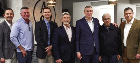 L-R: Dr. Brian Williams of Athens Orthopedic Clinic Urgent Care, AOC Sports Medicine, Dr. Logan Fields, AOC Joint Replacement Surgery, Dr. Clayton Wing, Putnam County Chamber of Commerce President Robbie King, AOC CEO Mike Boblitz, Sparta Mayor R. Allen Haywood, and AOC Sports Medicine, Dr. Steve Johnson. IAN TOCHER/Staff