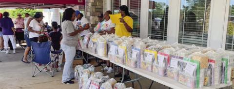 The tables were piled high with back-to-school supplies on Saturday morning when the Jimmy Davis Park Partnership Advisory Council held a community-wide Back-to-School Rally at the park near downtown Eatonton. CONTRIBUTED