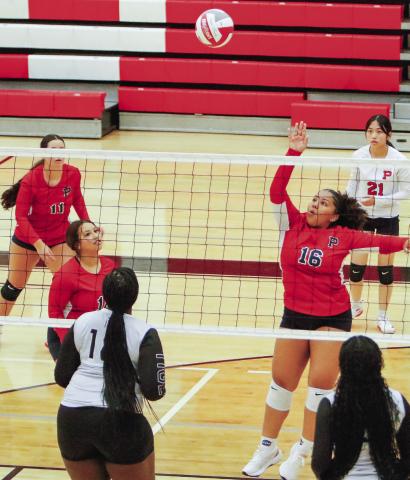 Outside hitter Trina Tracey (16) tries to block a return during a volley against Greene County. LANCE McCURLEY