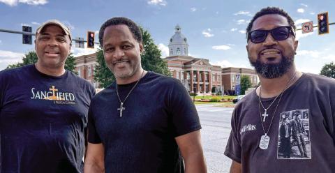 L-R: Indy Brennan, marketing director for “Sanctified,” was joined by writer, director and producer Javon Johnson, and Jarvis Wingfield, who stars in the show making its debut this Saturday night in Eatonton. IAN TOCHER/Staff
