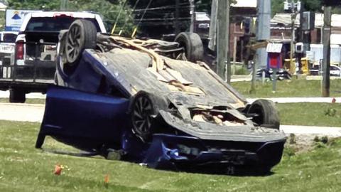The 2019 Honda Civic driven by Austyn Cutler ended up on its roof after a collision with a Jeep Wrangler. VIA SOCIAL MEDIA
