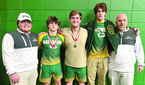 L-R: Gatewood assistant coach Connor Richards with wrestlers Jackson Hewatt, Tyler Middleton, Gage Rainey, and head coach Tyler VanDusen. IAN TOCHER/Staff