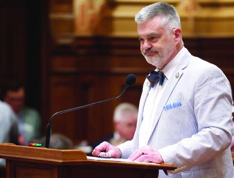 Rep. Victor Anderson, R-Cornelia, speaks about Senate Bill 214 on the House floor during the final day of the 2026 Legislative Session, on Thursday, April 2, at the Georgia Capitol in Atlanta. This bill would have switched Georgia to hand-marked paper ballots by 2028. ASHTIN BARKER/Capitol Beat