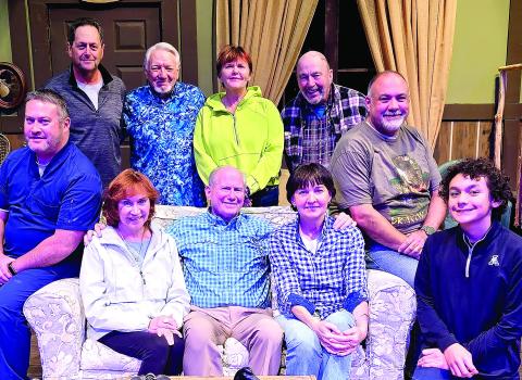 The cast of On Golden Pond at The Plaza includes (standing l-r): Lou Benjamin, Dennis McClain, Robin Cassidy, and Pete Stephan, with (sitting l-r): Andrew Tam, Sarah Daily-Weir, Bill Dudley, Jackie Hill, Brent Mero, and Luis Quinones. CONTRIBUTED