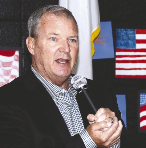 Putnam County Manager Paul Van Haute speaking during a Veteran’s Day event last November at Gatewood Schools in Eatonton. IAN TOCHER/Staff