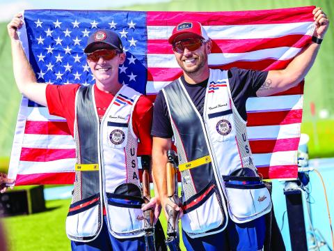 Conner Prince (left) and former Gatewood Gator Vincent Hancock celebrate their one-two finish in men’s skeet shooting at the Paris Olympics. The win made Hancock just the sixth Olympic athlete in history to win the same individual event four times. Courtesy USA Shooting