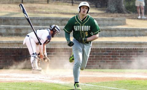 Gatewood's Trey Wiggins heads to first base on a walk after taking ball four from the GWA pitcher. LANCE MCCURLEY/Staff