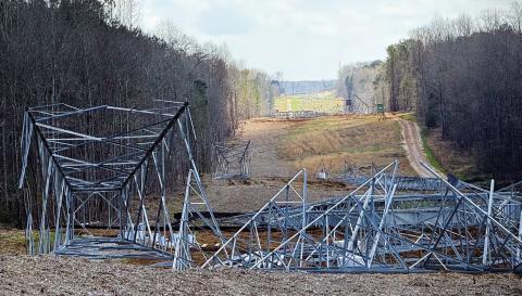 Within Putnam County, the Georgia Transmission project will include a series of large, lattice-style, steel structures, each standing between 100 and 150 feet tall and spaced about 1,200 feet apart. Overall, 203 structures are planned for the full 46.5-mile route across three counties, with many already in place, awaiting assembly. IAN TOCHER/Staff