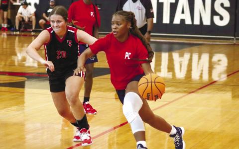 Halana Griffin dribbles the ball up the court against a North Oconee defender. LANCE McCURLEY/Staff
